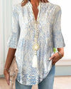 Blouse bohème pour femme avec imprimé floral bleu - haut élégant à manches 3/4 pour le quotidien