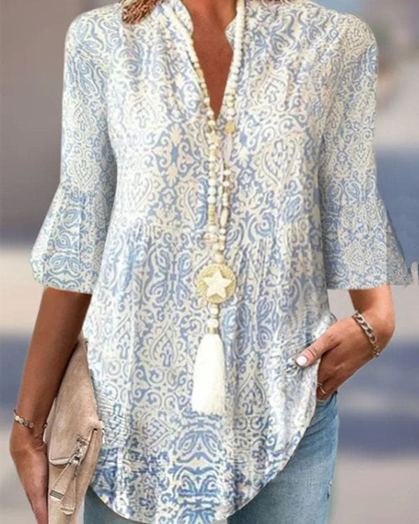 Blouse bohème pour femme avec imprimé floral bleu - haut élégant à manches 3/4 pour le quotidien