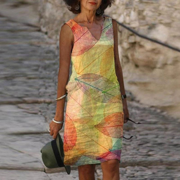 Robe d'été femme sans manches imprimé feuilles - style décontracté pour vos sorties au jardin et à la plage