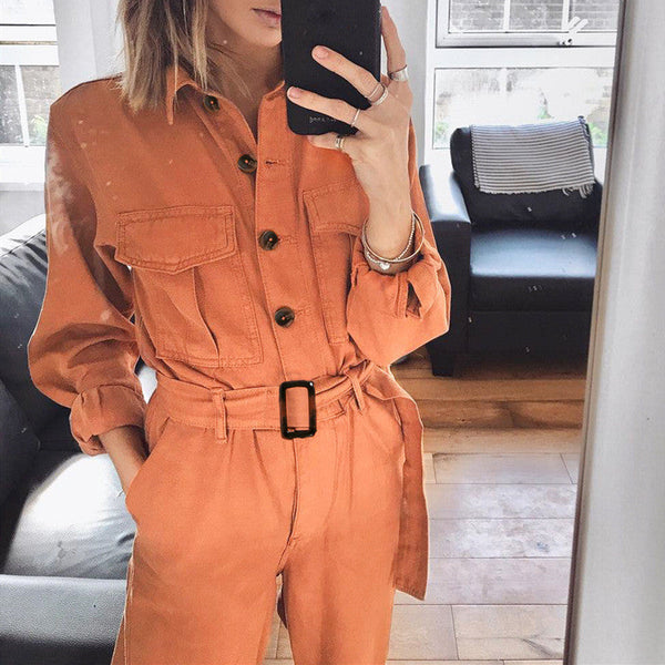 Salopette femme au style décontracté - combinaison utilitaire orange à manches longues et taille ceinturée