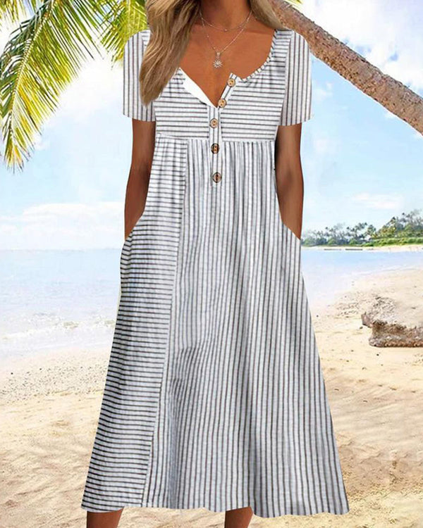 Robe midi rayée avec poches en gris - robe d'été polyvalente pour femmes