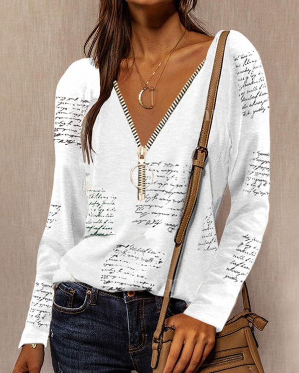 Blouse en v pour femmes avec détail zip - top décontracté à manches longues