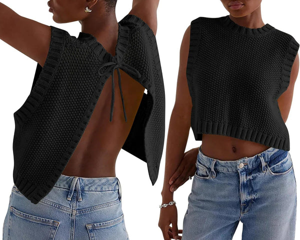 Top court en maille sans manches à dos ouvert - style estival décontracté pour vos sorties