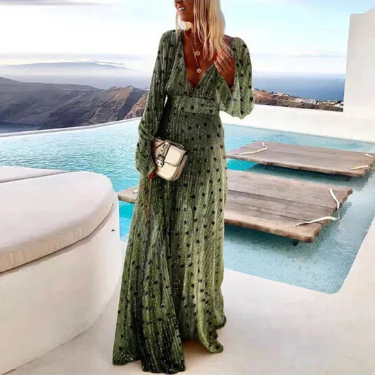 Robe longue verte - maxi dress stylée avec motif à pois