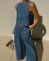 Ensemble 2 pièces femme en lin : top court et pantalon large pour un été stylé