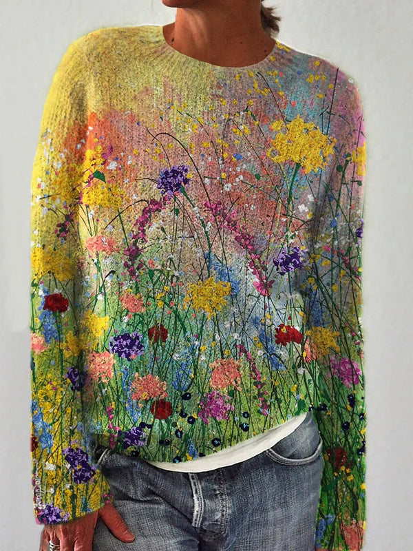 Pull en maille art florale pour femme - tricot doux et coloré