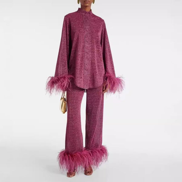Ensemble de pyjama élégant 2 pièces pour femmes avec bordure en plumes - tenues détendues pour les soirées