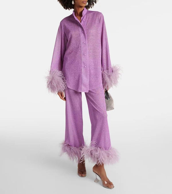 Ensemble de pyjama élégant 2 pièces pour femmes avec bordure en plumes - tenues détendues pour les soirées