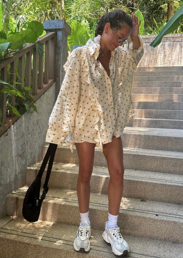 Ensemble coordonné femme 2 pièces - top fluide et jupe tendance en imprimé beige pour vos sorties d'été