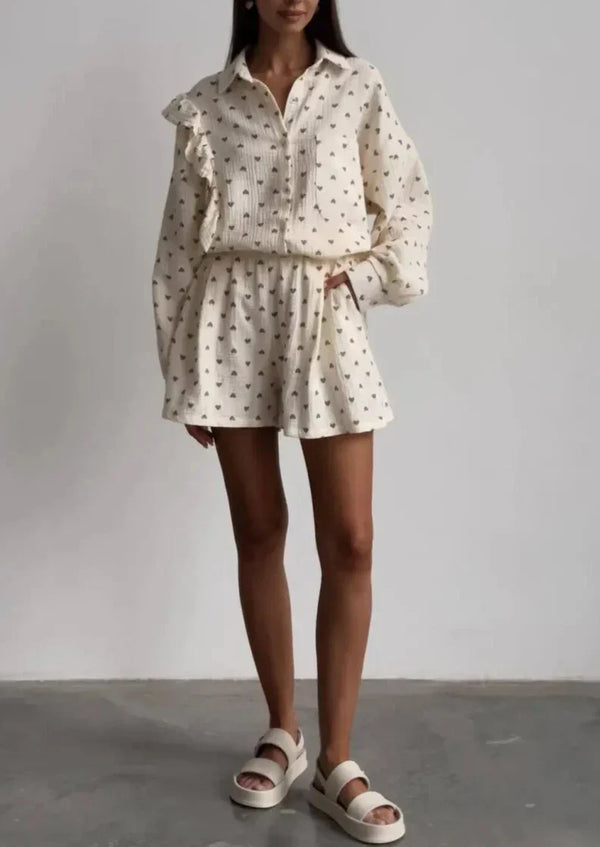 Ensemble coordonné femme 2 pièces - top fluide et jupe tendance en imprimé beige pour vos sorties d'été