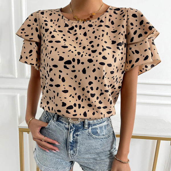 Blouse d'été décontractée pour femmes - top tendance beige à pois noirs pour des sorties élégantes - imprimé stylé