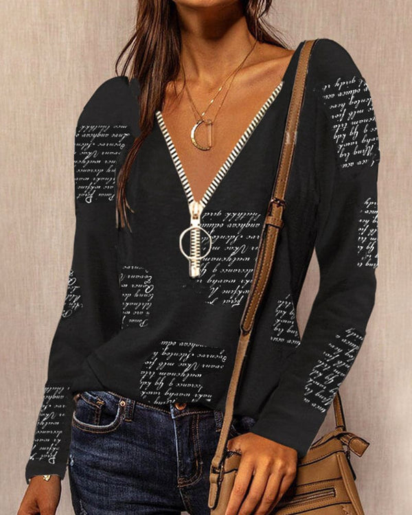 Blouse en v pour femmes avec détail zip - top décontracté à manches longues