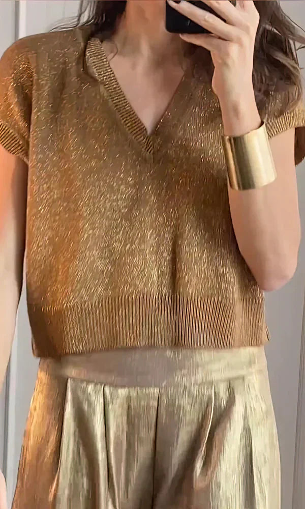 T-shirt en maille dorée à manches courtes - mode raffinée pour femmes