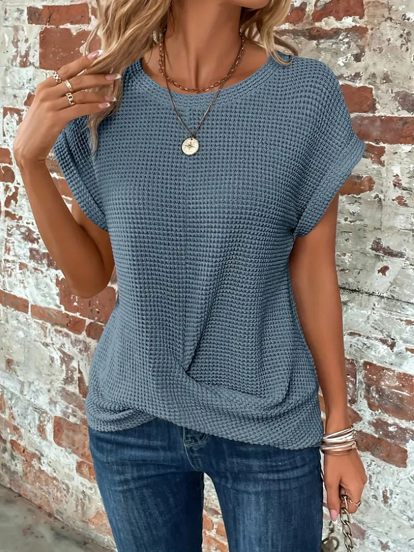 T-shirt en tricot waffle léger pour femme - blouse chic à manches courtes pour le quotidien