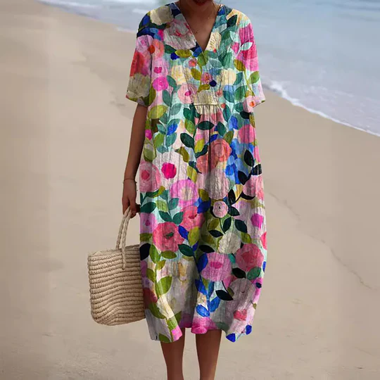 Robe d'été fleurie - robe de plage à coupe décontractée pour femmes