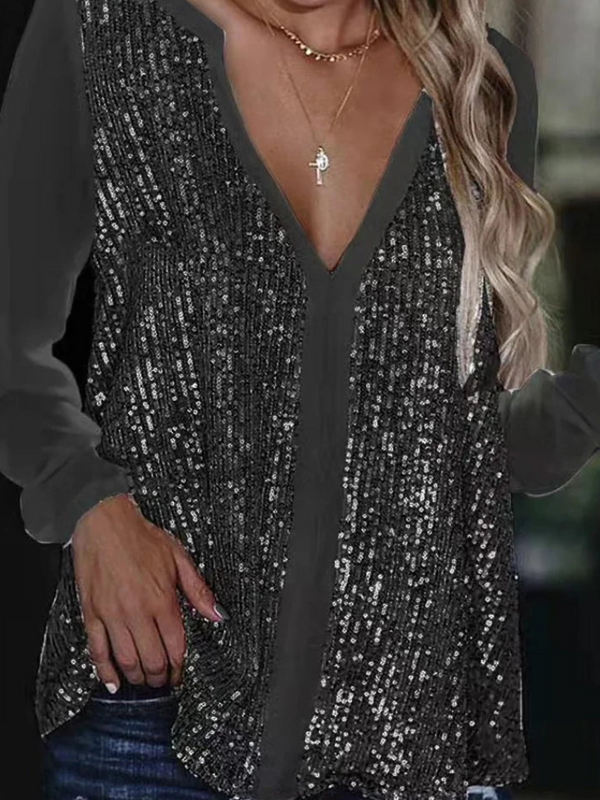 Blouse en sequins à col en v pour femmes - haut élégant à manches longues pour les occasions spéciales