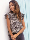 Blouse à imprimé léopard pour femmes - top beige à manches volantées pour occasions décontractées chic