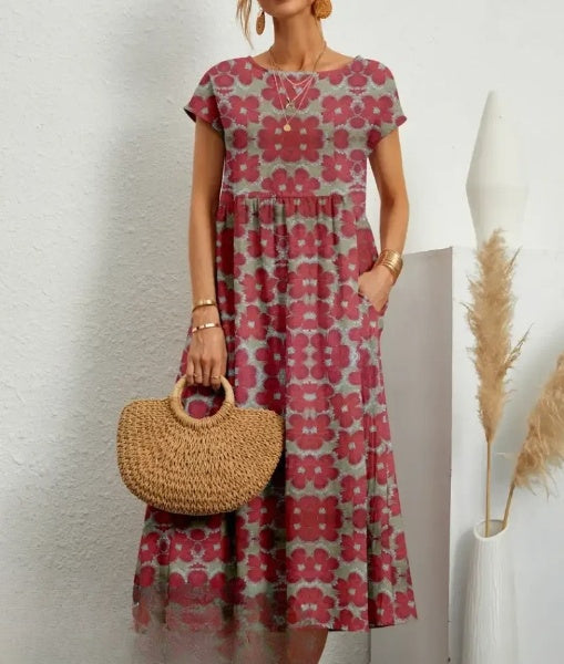 Robe maxi à imprimé floral pour femme - élégante, manches courtes avec poches pour un look décontracté au quotidien