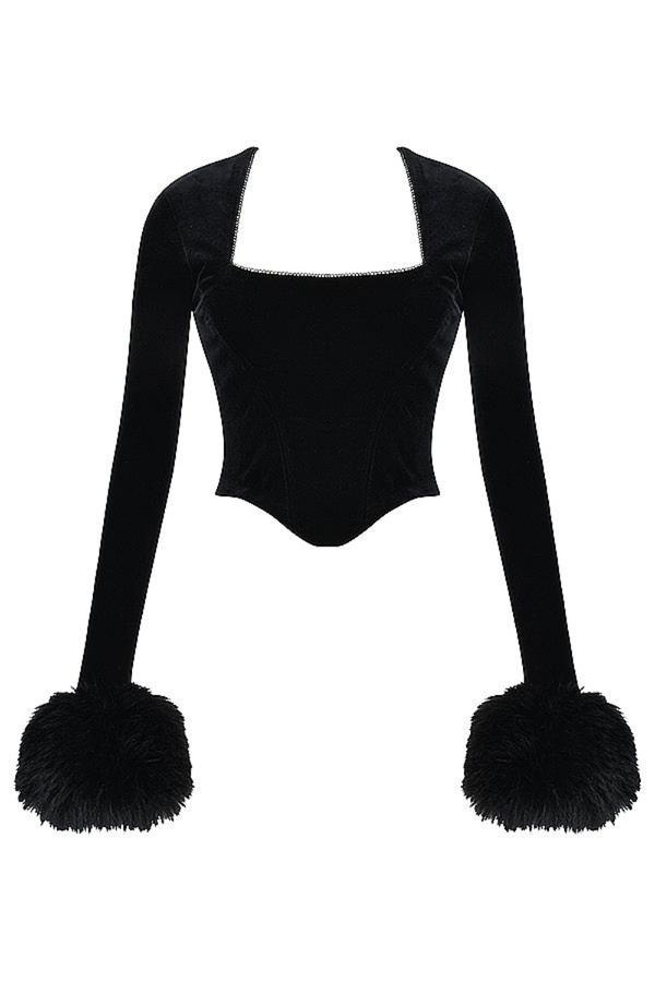 Robe de soirée femme élégante en velours noir avec corset et manchons en fausse fourrure - tenue de soirée chic à manches longues