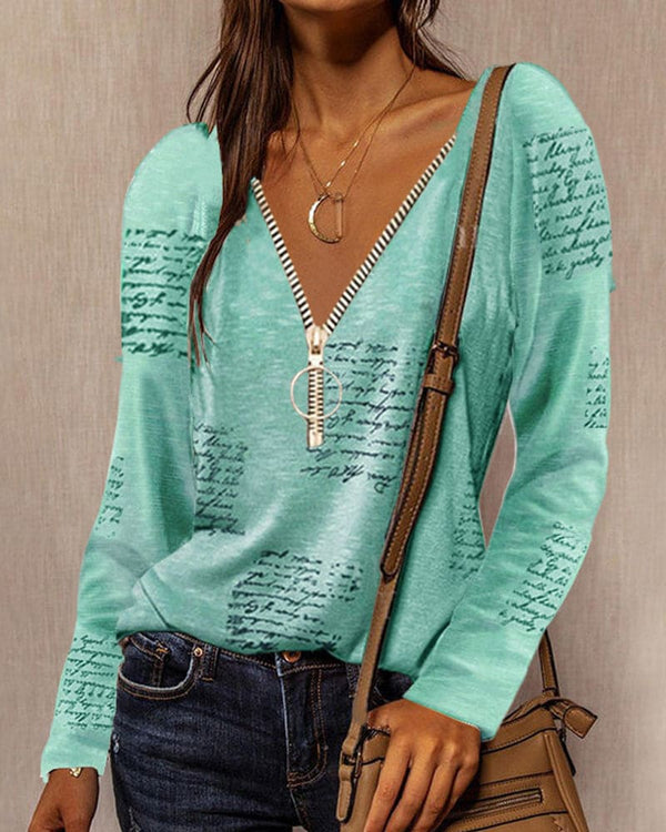 Blouse en v pour femmes avec détail zip - top décontracté à manches longues