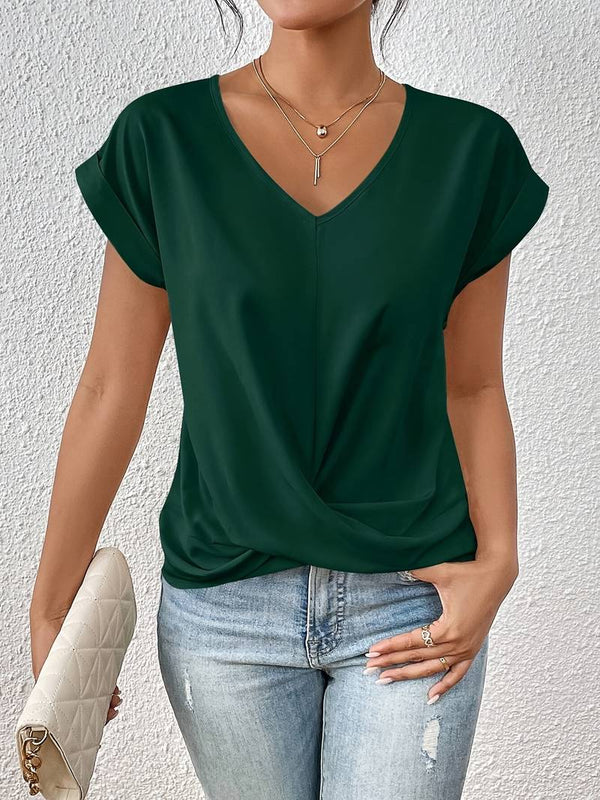 T-shirt femme à col v avec détail twist - blouse chic à manches courtes pour un style quotidien
