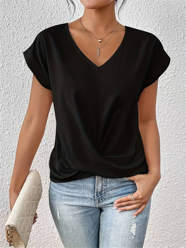 T-shirt femme à col v avec détail twist - blouse chic à manches courtes pour un style quotidien