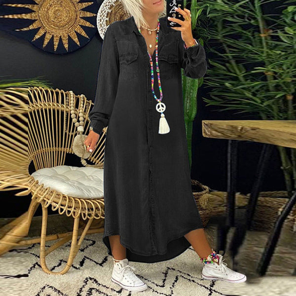 Robe chemise en denim pour femme - midi à manches longues, essentielle pour chaque occasion