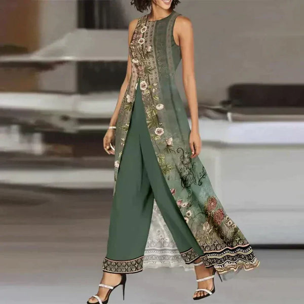 Ensemble floral femme en deux pièces vert avec un devant ouvert - pantalons longs élégants et superposition en chiffon chic
