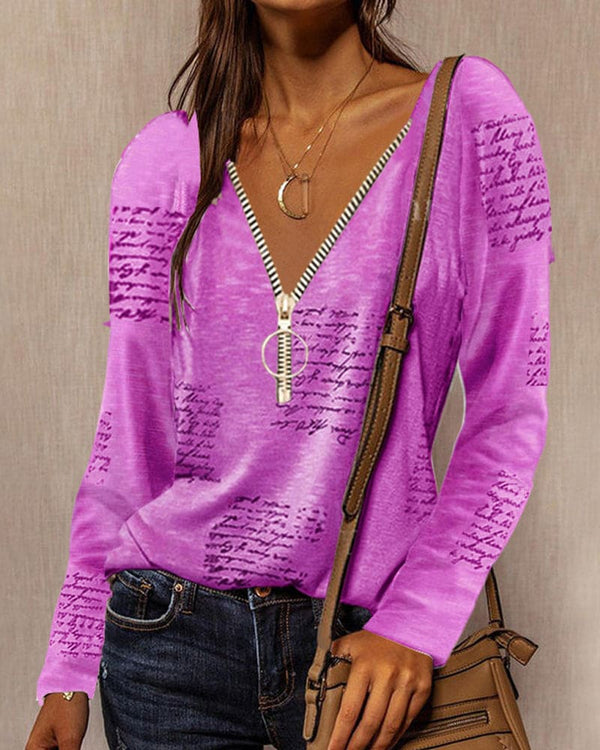 Blouse en v pour femmes avec détail zip - top décontracté à manches longues