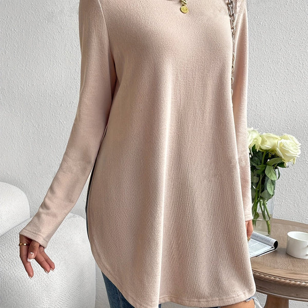 T-shirt à manches longues beige clair - haut féminin décontracté avec ourlet arrondi