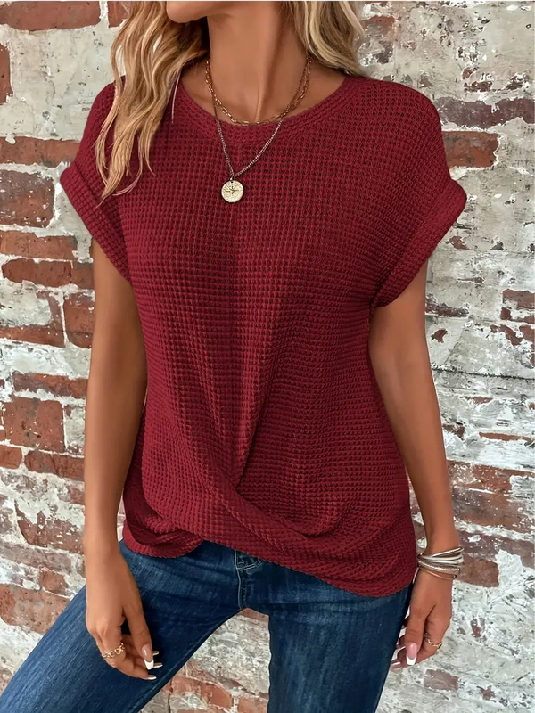 T-shirt en tricot waffle léger pour femme - blouse chic à manches courtes pour le quotidien