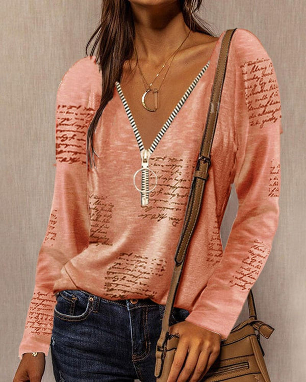 Blouse en v pour femmes avec détail zip - top décontracté à manches longues