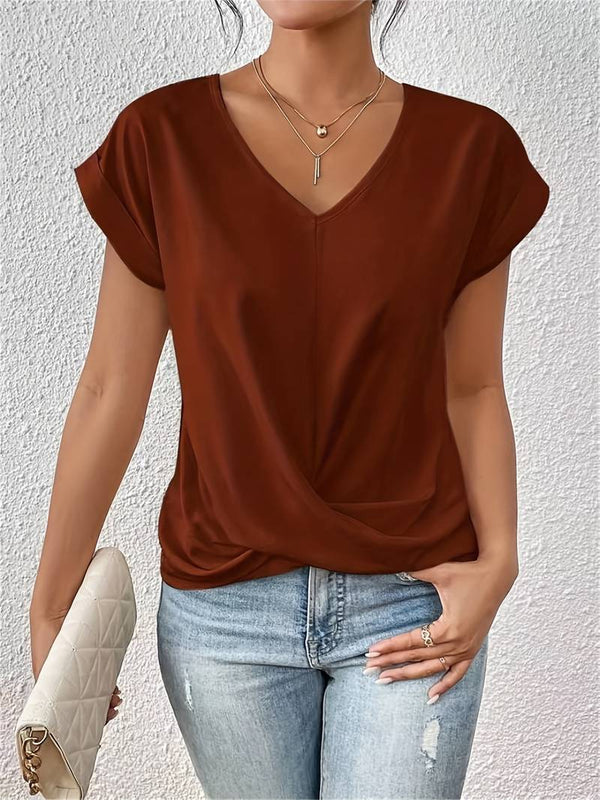 T-shirt femme à col v avec détail twist - blouse chic à manches courtes pour un style quotidien