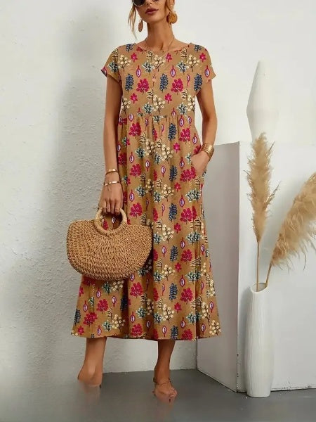 Robe maxi à imprimé floral pour femme - élégante, manches courtes avec poches pour un look décontracté au quotidien