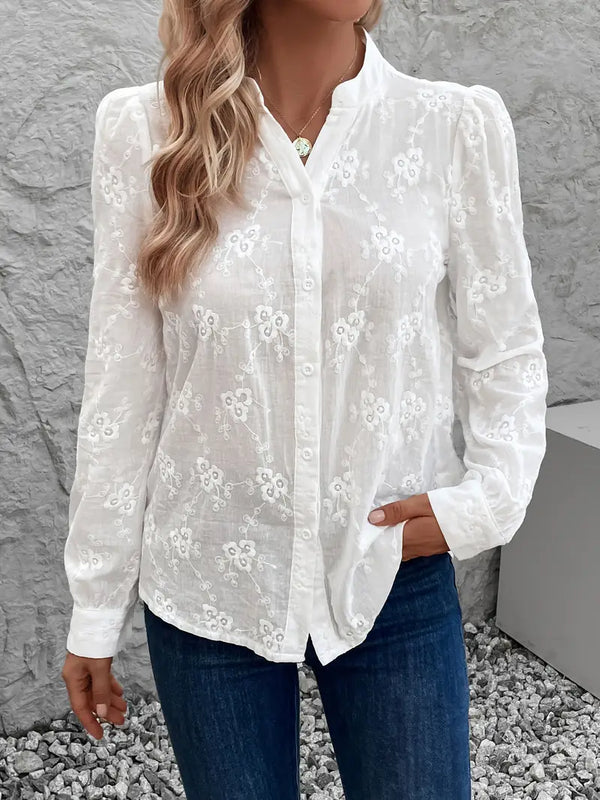 Blouse d'été blanche brodée pour femmes - chemisier élégant à manches longues