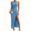 Robe de soirée pour femmes - élégante robe pailletée à épaule dénudée avec fente latérale - tenue formelle chic