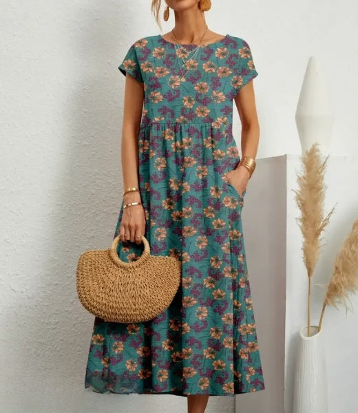 Robe maxi à imprimé floral pour femme - élégante, manches courtes avec poches pour un look décontracté au quotidien