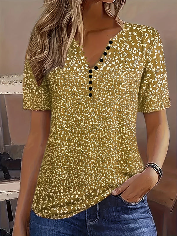 Blouse décontractée pour femme - blouse élégante à imprimé floral en v pour le quotidien - design à manches courtes