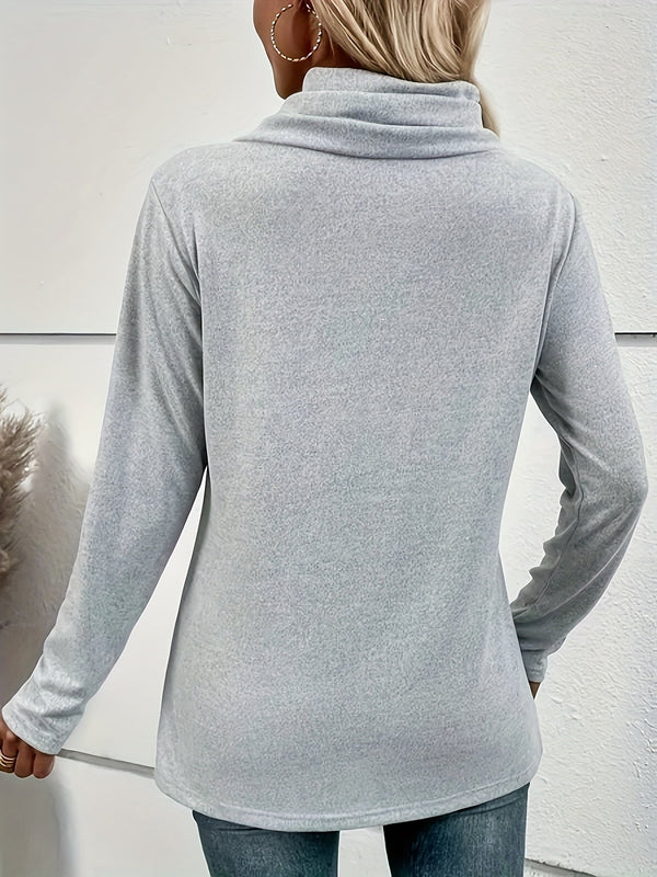 T-shirt long à manches longues pour femmes avec col drapé - gris clair, chic et décontracté au quotidien avec détail de boutons