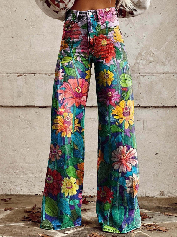 Pantalons larges à fleurs - bas en denim élégants pour femmes