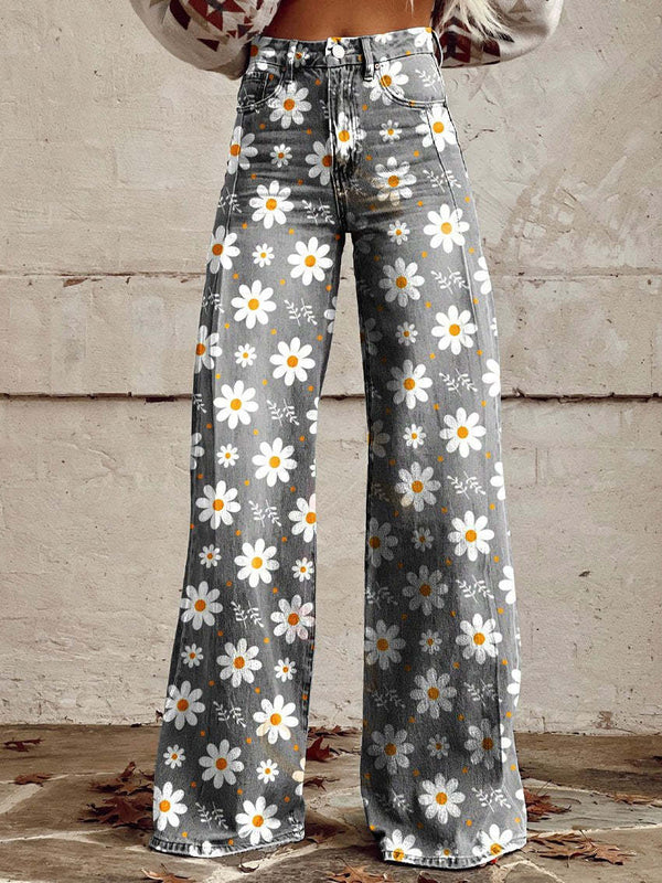 Pantalons larges à fleurs - bas en denim élégants pour femmes