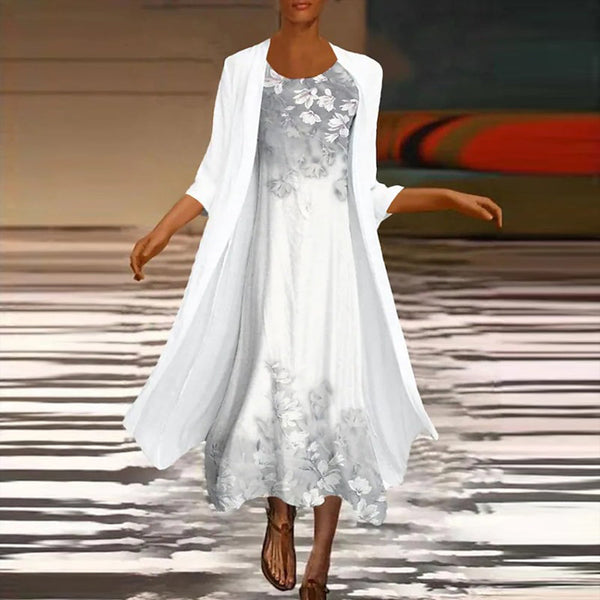 Ensemble robe fleurie et veste longue - élégance pour femmes