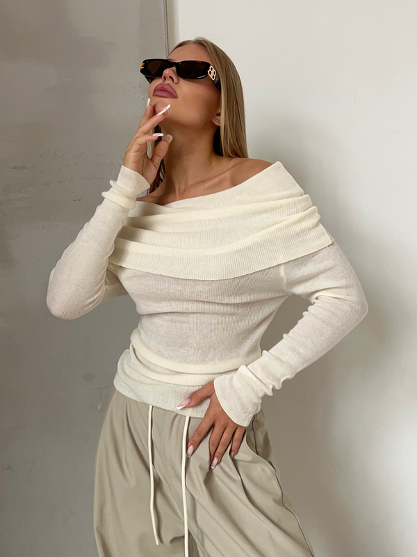Pull en maille off-shoulder pour femmes - haut chic à manches longues pour le quotidien ou les soirées