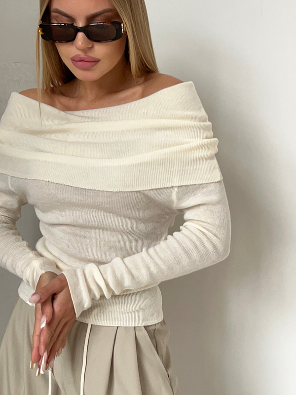 Pull en maille off-shoulder pour femmes - haut chic à manches longues pour le quotidien ou les soirées