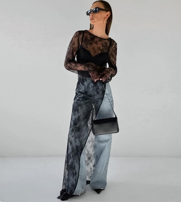 Blouse en dentelle sheer pour femmes - design superposé élégant en noir, tops polyvalents pour les soirées et le quotidien