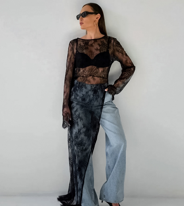 Blouse en dentelle sheer pour femmes - design superposé élégant en noir, tops polyvalents pour les soirées et le quotidien