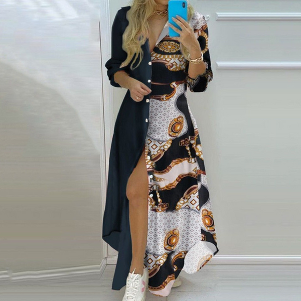 Robe chemise femme élégante maxi à fleurs - manches longues boutonnée pour toutes les occasions