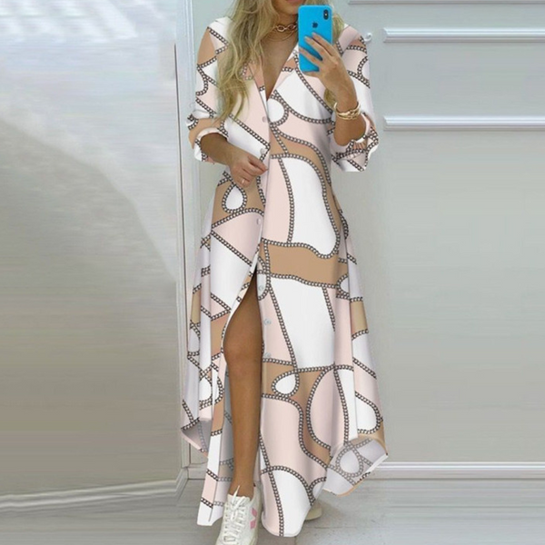 Robe chemise femme élégante maxi à fleurs - manches longues boutonnée pour toutes les occasions