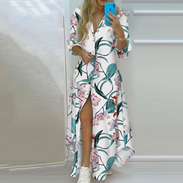 Robe chemise femme élégante maxi à fleurs - manches longues boutonnée pour toutes les occasions