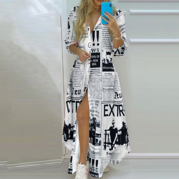 Robe chemise femme élégante maxi à fleurs - manches longues boutonnée pour toutes les occasions